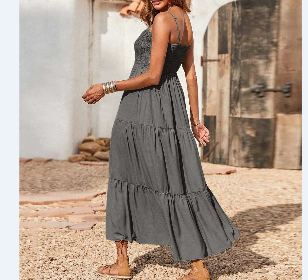 Women's Summer Midi Dress 2025 Casual Boho Sleeveless Spaghetti Strap Smocked Tiered Long Beach Sundresses