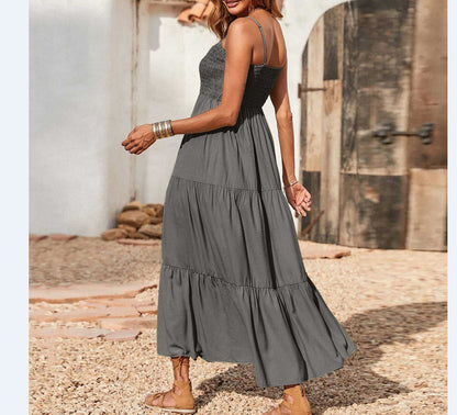 Women's Summer Midi Dress 2025 Casual Boho Sleeveless Spaghetti Strap Smocked Tiered Long Beach Sundresses