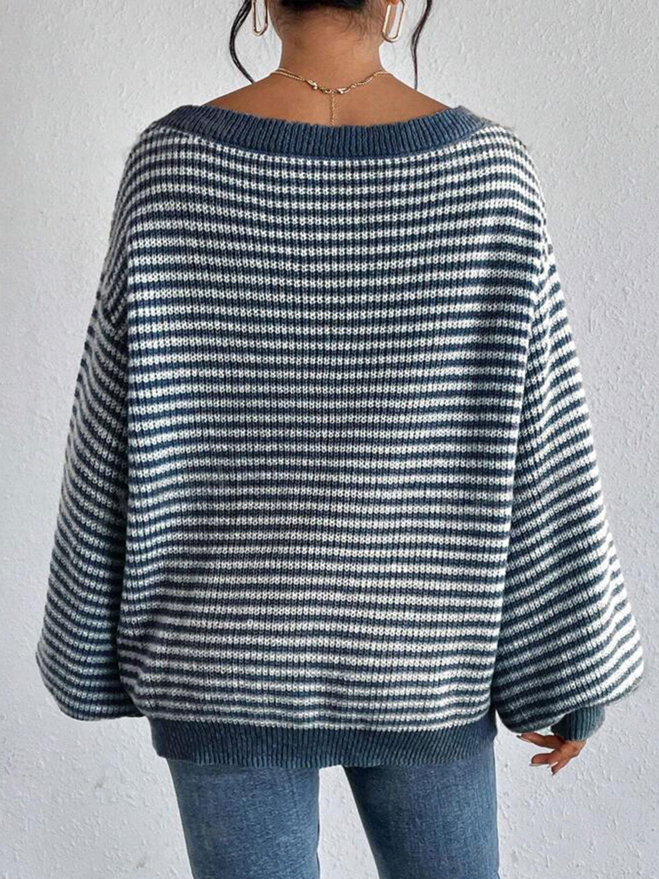 Women's Striped Drop Shoulder Sweater, Y2k Casual Bishop Sleeve Boat Neck Jumper Tops for Daily Outdoor Wear Back To School, Sweaters for Women, Ladies Knitwear for Fall, Fall Outfits, Fallfreshness, Preppy 80s Clothes - Seldom Seen Styles