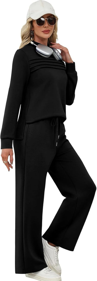 Two Piece Sets for Women Fall Travel Vacation Outfits Long Sleeve Lounge Sets Side Slit Wide Leg Pants S-3XL