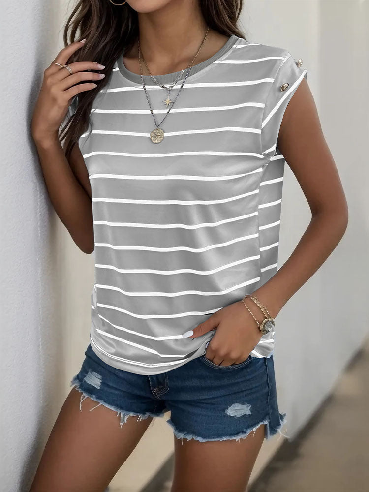 Summer Women's Sleeveless Classic Tops Horizontal Striped Round Neck Vest Loose Fit Cotton Fashion T-Shirt