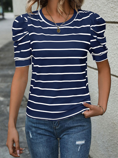 Blouse for Women Dressy Casual Puff Short Sleeve Boho Tops Fashion Floral Crew Neck Tunic Shirts Summer Clothes