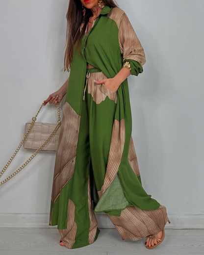 Women's V-neck Patchwork Printed Top and Pants Commuting Casual Suit - Seldom Seen Styles