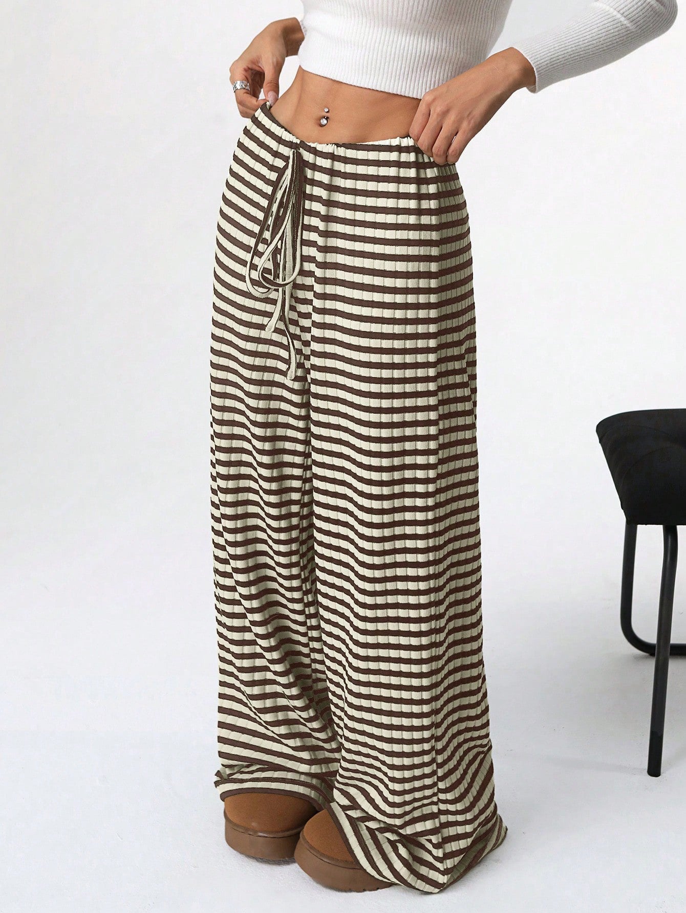 Women's Wide Leg Pants Striped Elastic High Waisted Casual Knit Palazzo Pants Drawstring Lounge Pajama Trousers - Seldom Seen Styles