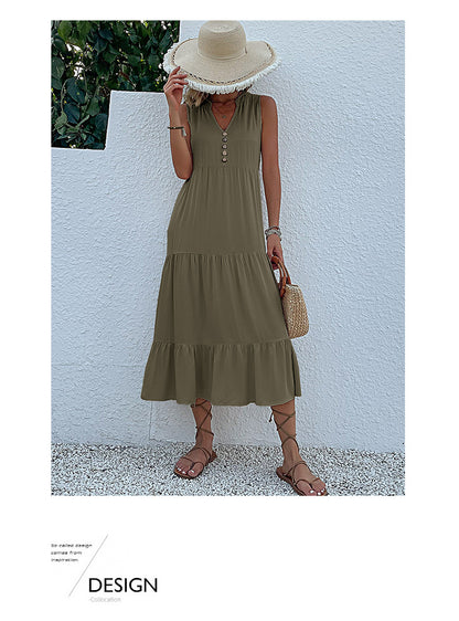 Summer Flowy Maxi Dress with Pockets Sleeveless Loose Casual Sundress V-Neck Tiered Sun Dress for Beach Cruise Vacations