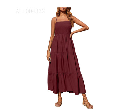 Women's Summer Midi Dress 2025 Casual Boho Sleeveless Spaghetti Strap Smocked Tiered Long Beach Sundresses
