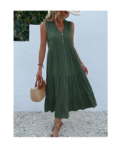 Summer Flowy Maxi Dress with Pockets Sleeveless Loose Casual Sundress V-Neck Tiered Sun Dress for Beach Cruise Vacations