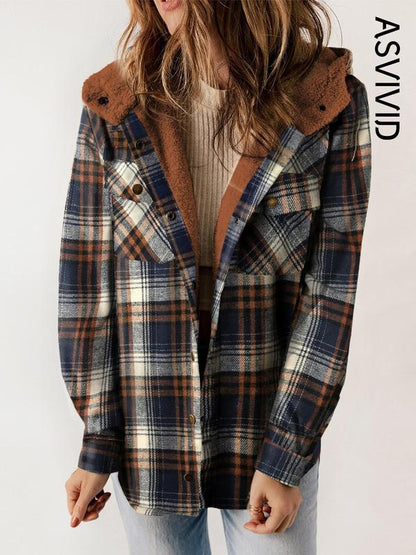 Women's Plaid / Houndstooth Print Button Front Hooded Coat, Casual Long Sleeve Pocket Coat for Fall & Winter, Ladies Outerwear for Daily Wear - Seldom Seen Styles