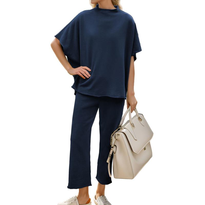Songling Women Casual Two Piece Outfits 3/4 Batwing Sleeve Capelet CrewNeck Pullover Top Wide Leg Pants Lounge Sets Sweatsuit - Seldom Seen Styles