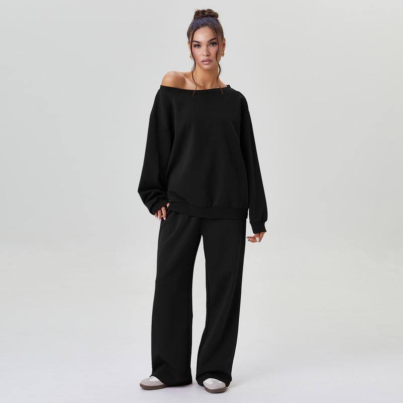 Women's Leisure Solid Color Sloping Shoulder Long Sleeve Top & Wide Leg Trousers Co-ord, Cozy Scoop Neck Loose Two Piece Outfits, Basic Womenswear - Seldom Seen Styles