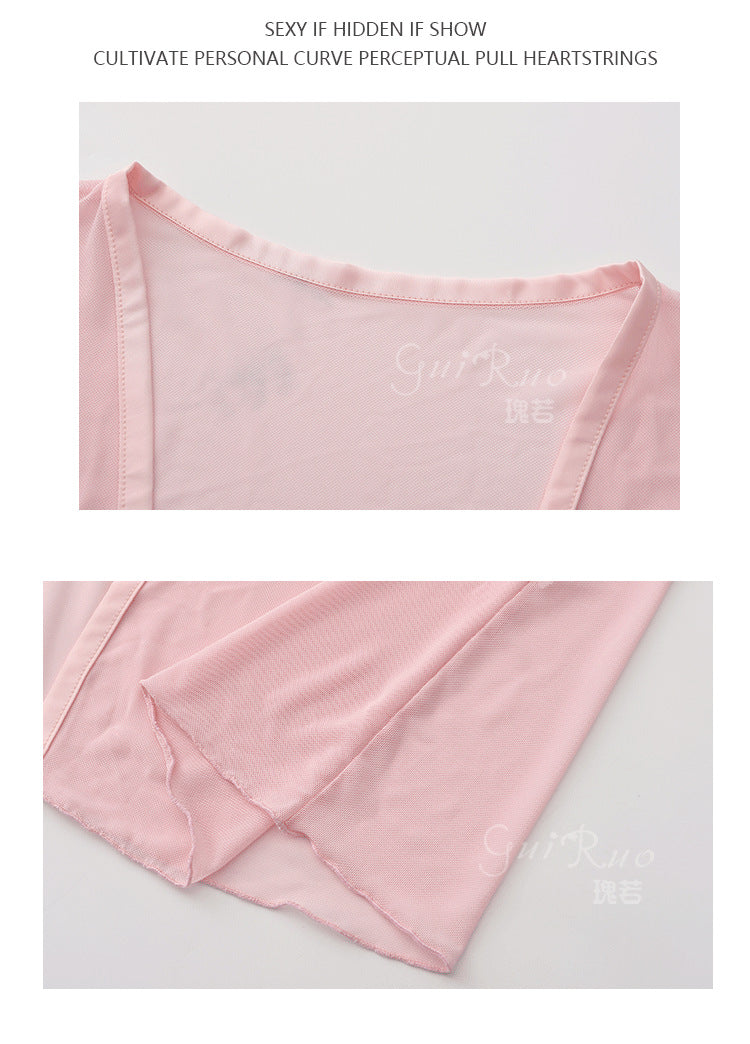 Womens Sexy 3 Piece Fuzzy Lingerie Set Transparent Tulle Nightshirt With Robe and G-String