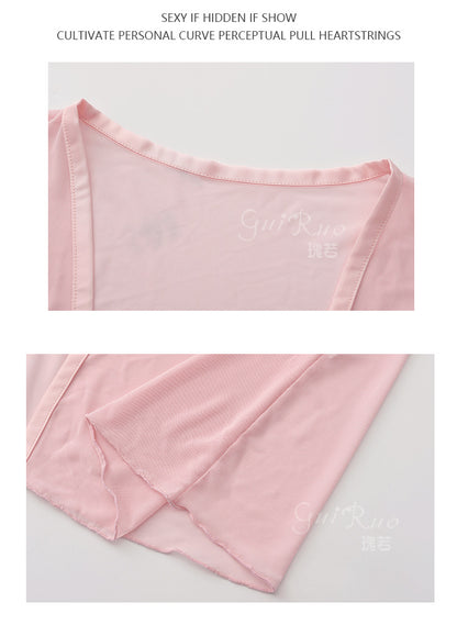 Womens Sexy 3 Piece Fuzzy Lingerie Set Transparent Tulle Nightshirt With Robe and G-String