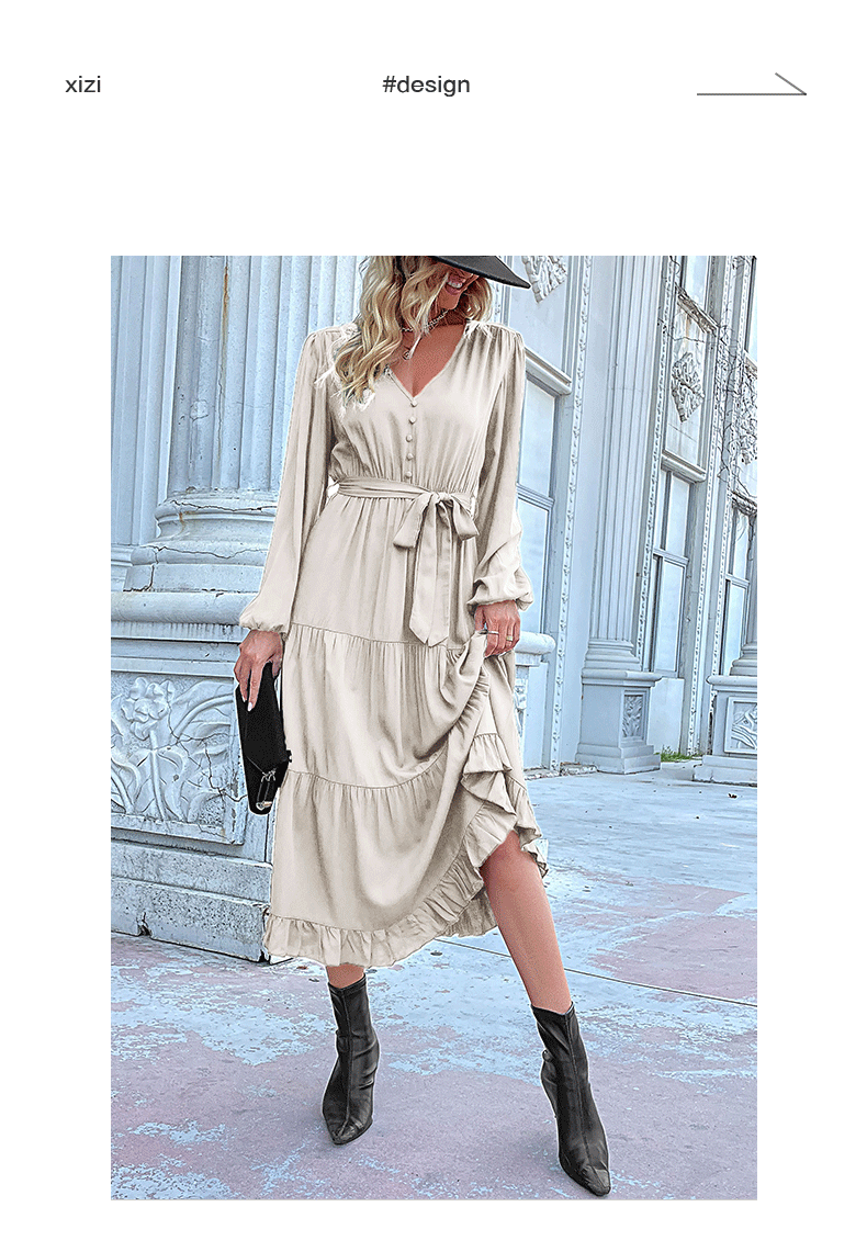 Women's Spring Dresses 2025 Long Sleeve V Neck Button Down Belted A-Line Flowy Ruffle Maxi Shirt Dress Pockets