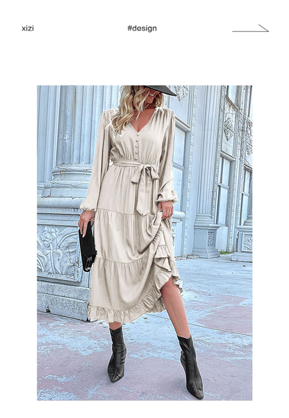 Women's Spring Dresses 2025 Long Sleeve V Neck Button Down Belted A-Line Flowy Ruffle Maxi Shirt Dress Pockets