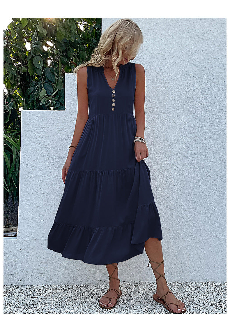Summer Flowy Maxi Dress with Pockets Sleeveless Loose Casual Sundress V-Neck Tiered Sun Dress for Beach Cruise Vacations