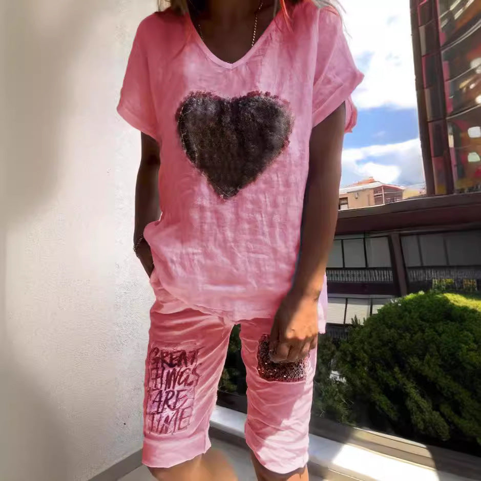 Linen Outfits Women 2 Piece Heart Sequins V-Neck Short Sleeve Top Loose Knee Length Pants 2025 Casual Set - Seldom Seen Styles