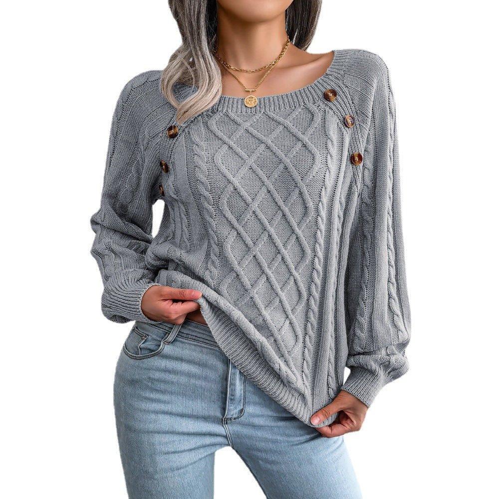 Women's Solid Textured Fake Buttons Raglan Sleeve Crewneck Sweater Tops for Spring, Casual Chic Style Round Neck Long Sleeves Knitting Jumper, Fall Clothes, Downtown Girl Knitwear Clothes - Seldom Seen Styles
