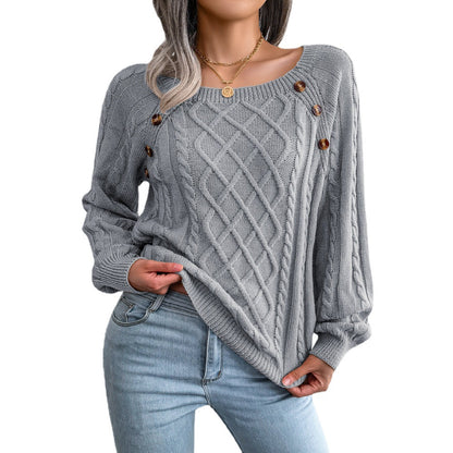 Women's Solid Textured Fake Buttons Raglan Sleeve Crewneck Sweater Tops for Spring, Casual Chic Style Round Neck Long Sleeves Knitting Jumper, Fall Clothes, Downtown Girl Knitwear Clothes - Seldom Seen Styles
