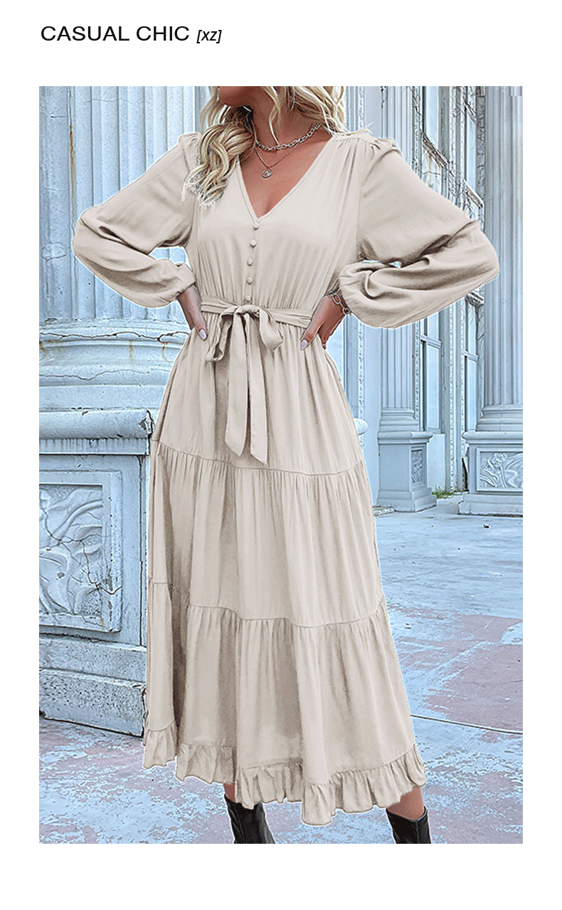 Women's Spring Dresses 2025 Long Sleeve V Neck Button Down Belted A-Line Flowy Ruffle Maxi Shirt Dress Pockets