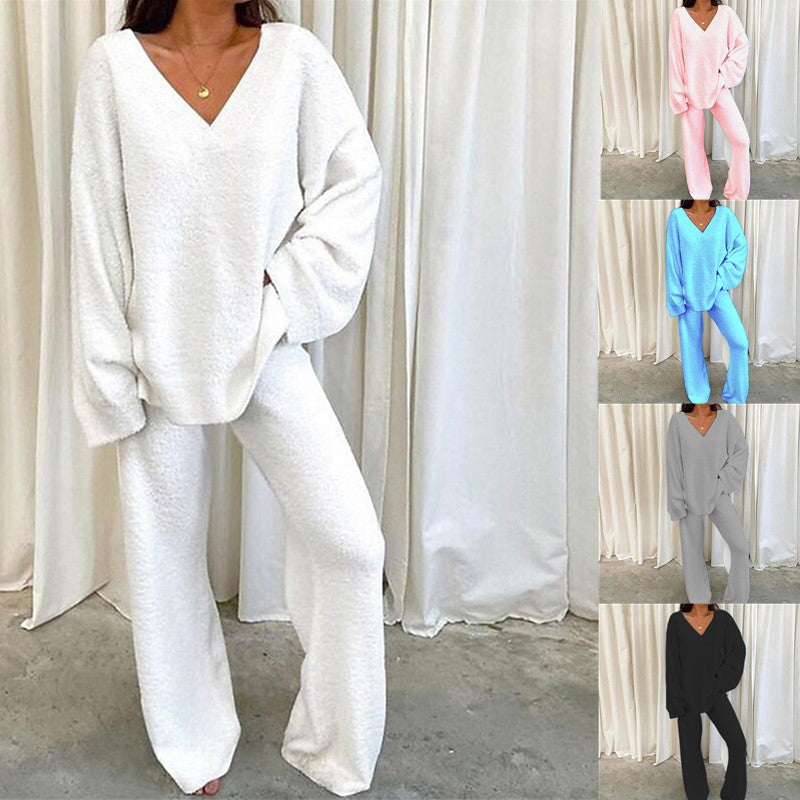 Women's Casual 2-Piece Lounge Set Soft Chunky V Neck Tops Wide Leg Long Pants Basic Tracksuit Lounge Wear Minimalist Womenswear - Seldom Seen Styles