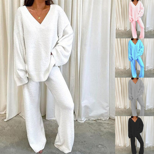 Women's Casual 2-Piece Lounge Set Soft Chunky V Neck Tops Wide Leg Long Pants Basic Tracksuit Lounge Wear Minimalist Womenswear - Seldom Seen Styles