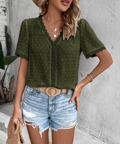 Women's 2025 Summer V Neck Lace Crochet Blouse Swiss Dot Business Casual Cute Shirts Tops