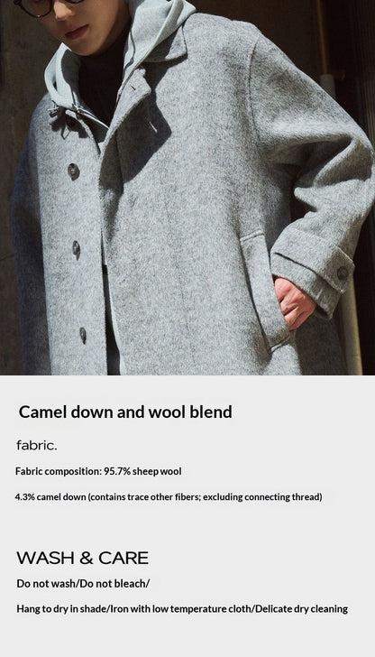 Camel Fleece Wool Blended Long Hair Double-Sided, Winter Shaped Balmacan Medium Long Coat Men's Jacket
