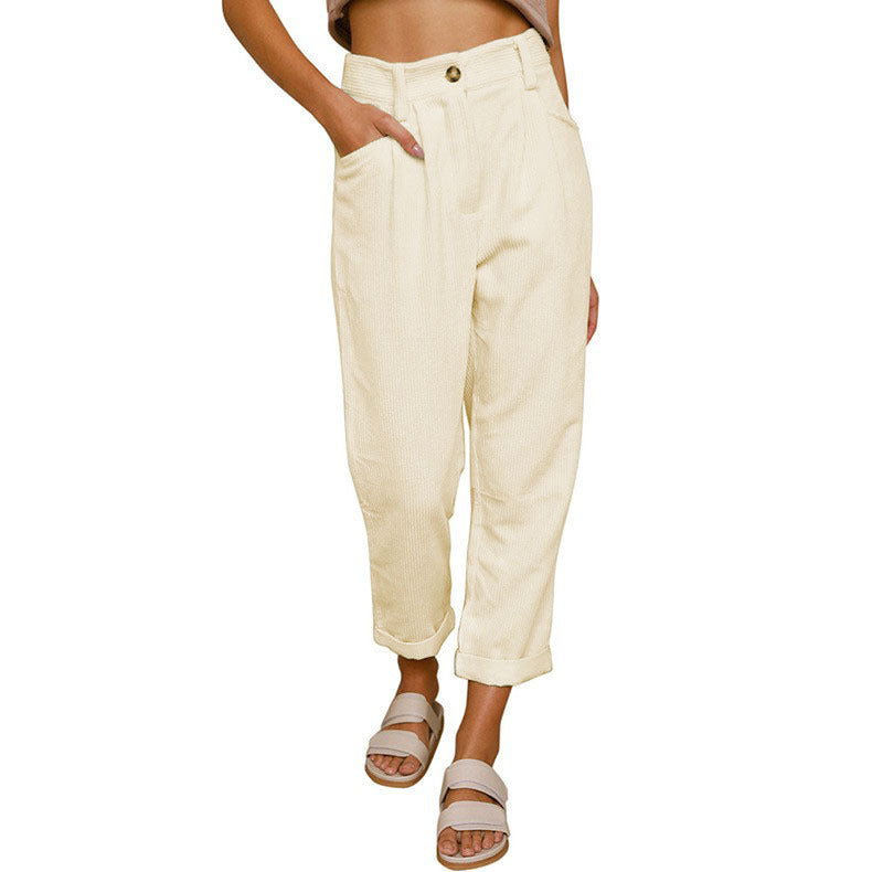 Womens Elastic Waist Straight Leg Corduroy Pants with Pockets, S-2XL - Seldom Seen Styles