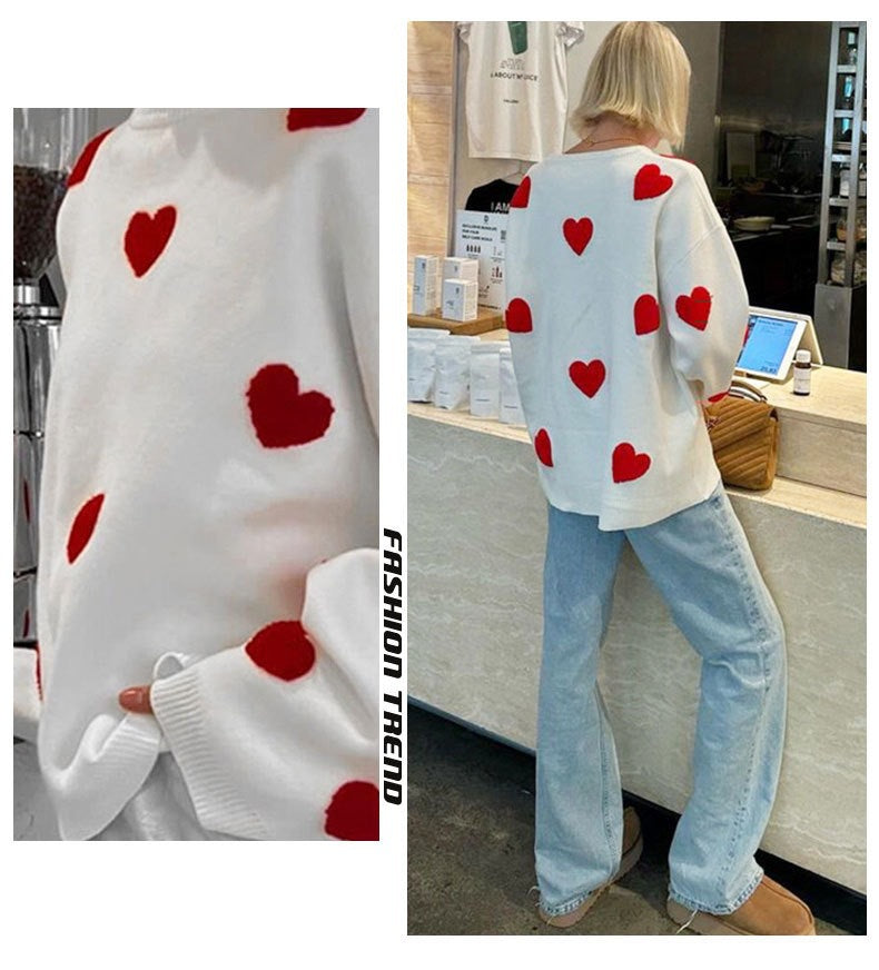 Women's Spring Heart Print Long Sleeve Crewneck Knitting Jumper, Comfort Round Neck Sweater for Daily Streetwear, Tiktop Shop, Lady's Top for Spring - Seldom Seen Styles