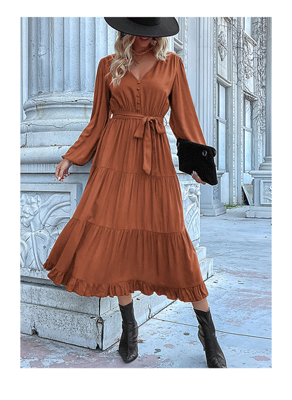 Women's Spring Dresses 2025 Long Sleeve V Neck Button Down Belted A-Line Flowy Ruffle Maxi Shirt Dress Pockets