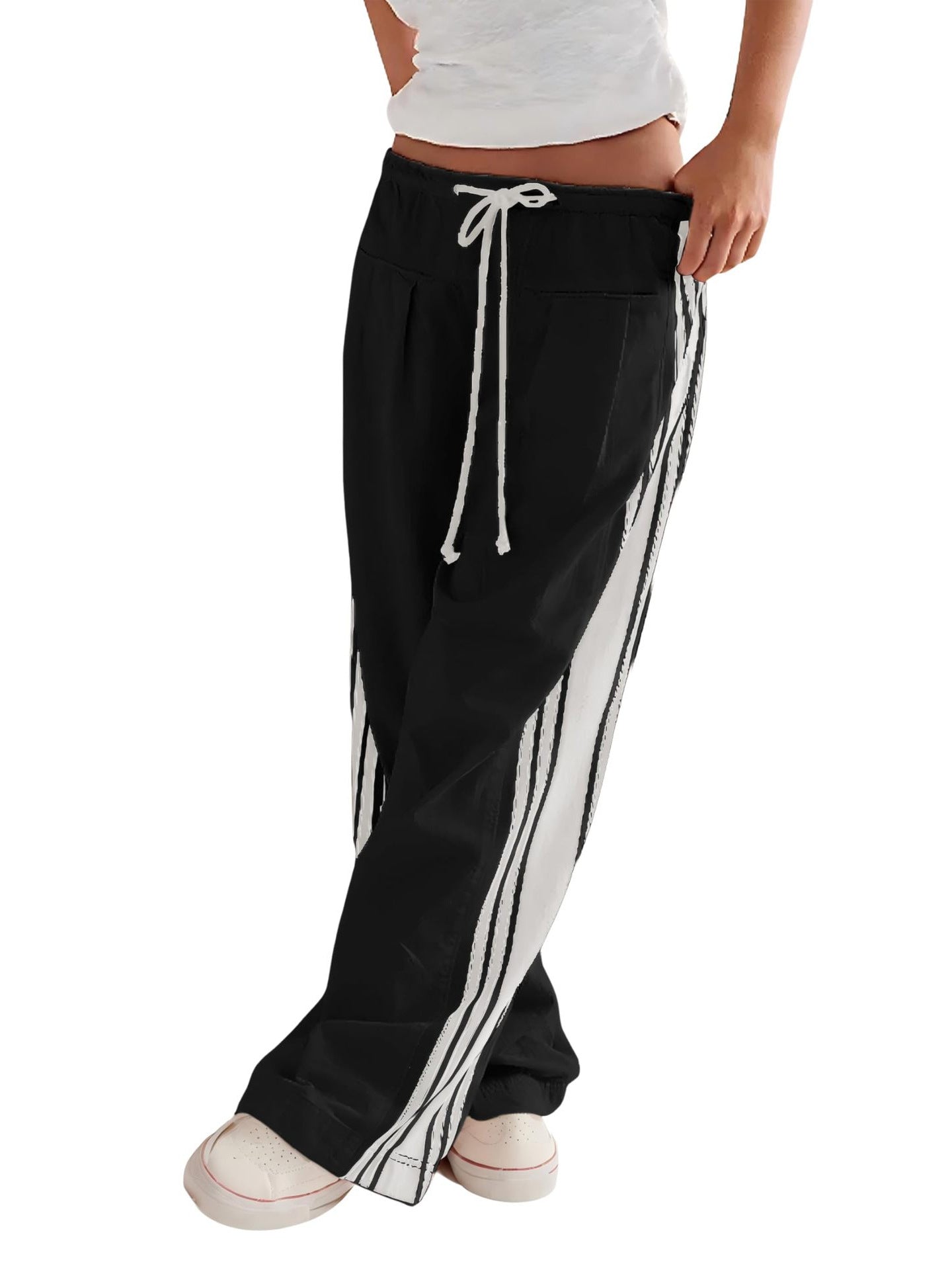 Women Y2k Track Pants Side Striped Wide Leg Baggy Pants Casual Drawstring Waist Parachute Sweatpants Streetwear - Seldom Seen Styles