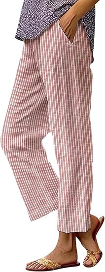 Women's Linen Pants, Side Stripe, Elastic Waist, Straight Leg, Summer Beach Vacation - Seldom Seen Styles