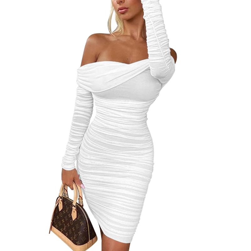 Women's Sexy Elegant Ruffle Long Sleeve Off Shoulder Ruched Party Mini Dress Fabric Formal Fabric Formal - Seldom Seen Styles
