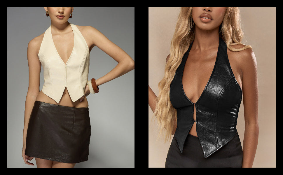 Women's PU Leather Halter Tank Tops Sexy Deep V Neck Asymmetrical Vest Corset Party Clubwear - Seldom Seen Styles