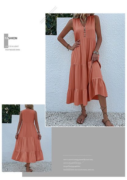 Summer Flowy Maxi Dress with Pockets Sleeveless Loose Casual Sundress V-Neck Tiered Sun Dress for Beach Cruise Vacations