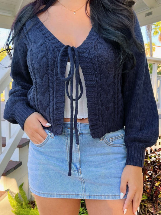 Women's Solid Drop Shoulder Tie Front Blue Cardigan,Comfort Basic Minimalist Fashion Casual Long Sleeve V Neck Knitwear for Fall & Winter, Lady Knitting Fabric Tops,Women Clothing for Daily Outdoor Wear, Womenswear - Seldom Seen Styles