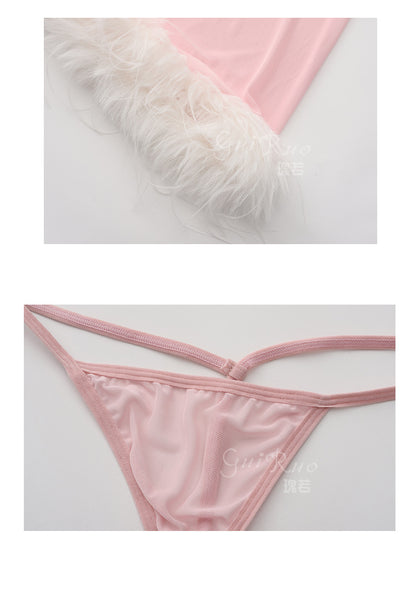 Womens Sexy 3 Piece Fuzzy Lingerie Set Transparent Tulle Nightshirt With Robe and G-String