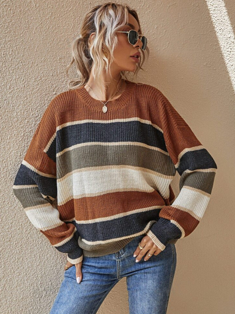 Women's Colorblock Striped Print Drop Shoulder Sweater, Soft Casual Long Sleeve Round Neck Jumper for Fall & Winter, Fashion Ladies' Knitwear for Daily Wear - Seldom Seen Styles