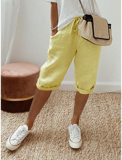 Womens Cotton Linen Shorts Knee Length Drawstring Elastic Waist Summer Casual Gym Going Out Shorts with Pockets - Seldom Seen Styles