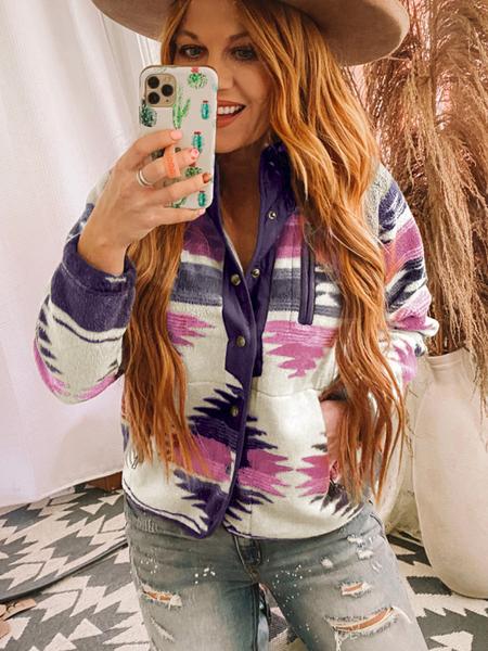 Women's Geometric Print Pocket Button Front Zipper Stand Collar Polar Fleece Jacket, Casual Long Sleeve Outerwear For Fall & Winter, Women's Clothes For Daily Wear - Seldom Seen Styles