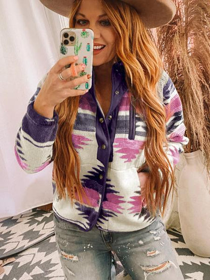 Women's Geometric Print Pocket Button Front Zipper Stand Collar Polar Fleece Jacket, Casual Long Sleeve Outerwear For Fall & Winter, Women's Clothes For Daily Wear - Seldom Seen Styles