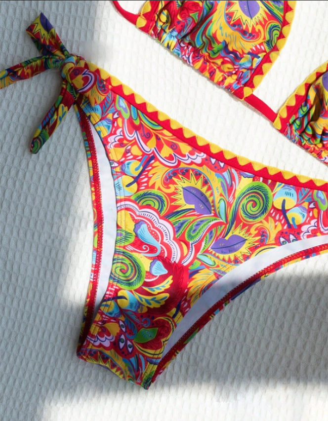 Women's Bikini Sets 2 Piece Halter Triangle Allover Print Swimsuit Set Boho Knot Side Bathing Suit Set