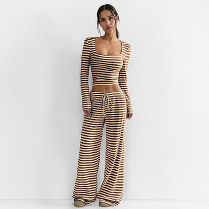 Women's Slouchy Square Neck Stripe Long Sleeve Crop Top & Low-Rise Wide Leg Trousers Co-ord, Minimalist Two Piece Outfits, Cozy Womenswear - Seldom Seen Styles