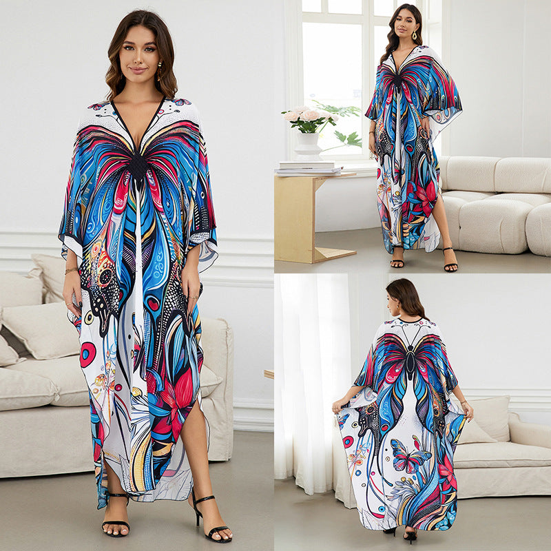 [Plus Size] Butterfly/feather Print Ruched Split Hem Tunic Dress, Valentine's Day Elegant Batwing Sleeve V Neck Long Dress for Summer, Casual Womenswear, Gift, Homecoming Dresses, Women's Clothes for Beach Holiday Vacation, Moo Moo Dresses