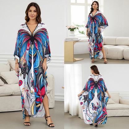 [Plus Size] Butterfly/feather Print Ruched Split Hem Tunic Dress, Valentine's Day Elegant Batwing Sleeve V Neck Long Dress for Summer, Casual Womenswear, Gift, Homecoming Dresses, Women's Clothes for Beach Holiday Vacation, Moo Moo Dresses
