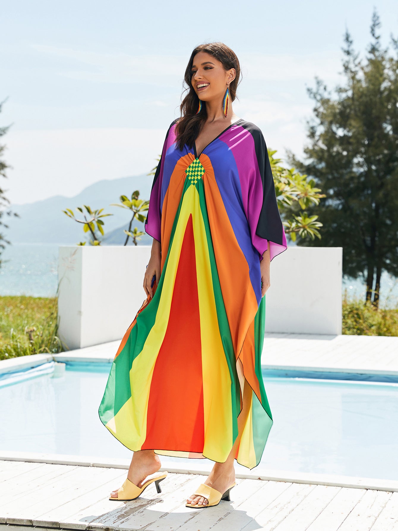 [Plus Size] Butterfly/feather Print Ruched Split Hem Tunic Dress, Valentine's Day Elegant Batwing Sleeve V Neck Long Dress for Summer, Casual Womenswear, Gift, Homecoming Dresses, Women's Clothes for Beach Holiday Vacation, Moo Moo Dresses