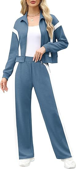 Women's 2 Piece Lounge Outfits Zip Up Sweat Set Contrast Striped Wide Leg Jogging Pants Travel Track Suit - Seldom Seen Styles