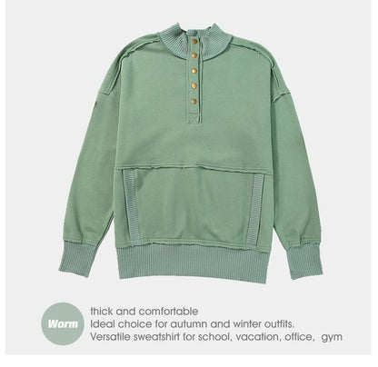 2025 Women's Fall Pullover Mockneck Button Down Ribbed Fit Lightweight Cozy Oversized Long Sleeve Sweatshirt Kangaroo Pocket for Everyday Wear - Seldom Seen Styles