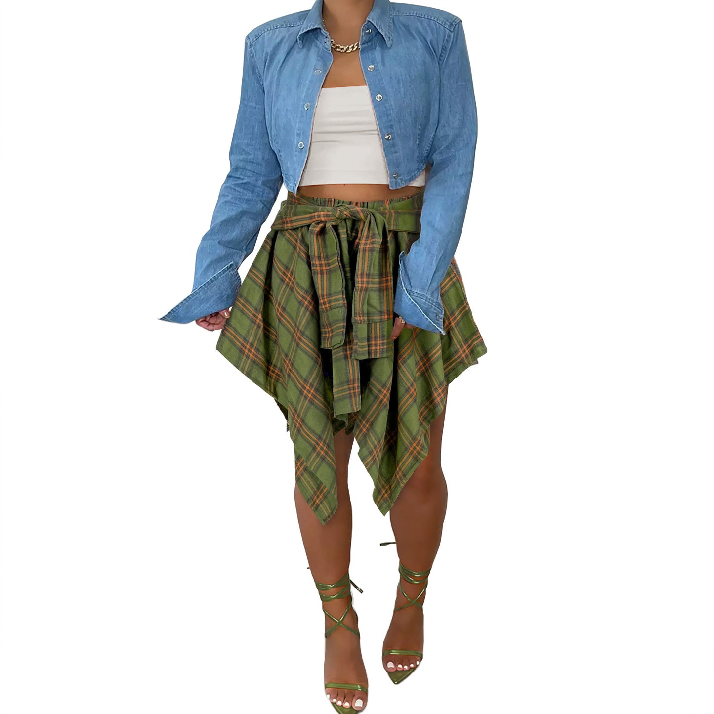 Women's Fashion Style Plaid Print Asymmetrical Hem High Waist Skirt, Casual Comfort Elastic Waist Tiered Layer Knee Length Skirt for Summer Going Out Streetwear, Fashionable Trendy Plaid Skirt, Womenswear Everyday Bottom - Seldom Seen Styles