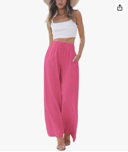 Women's Cotton Linen Summer Palazzo Pants Flowy Wide Leg Beach Trousers with Pockets Casual Womenswear